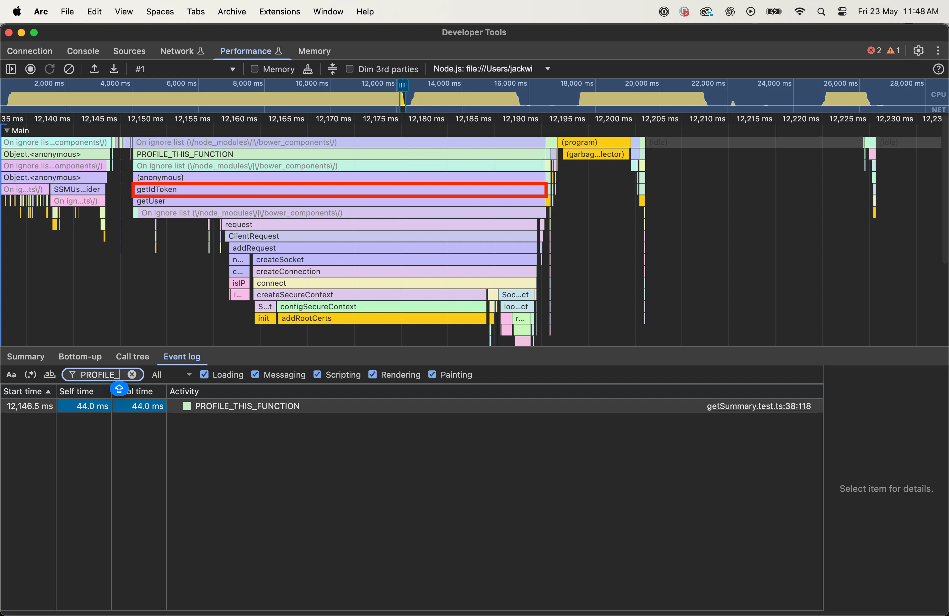 Chrome DevTools showing detailed analysis of getToken call execution