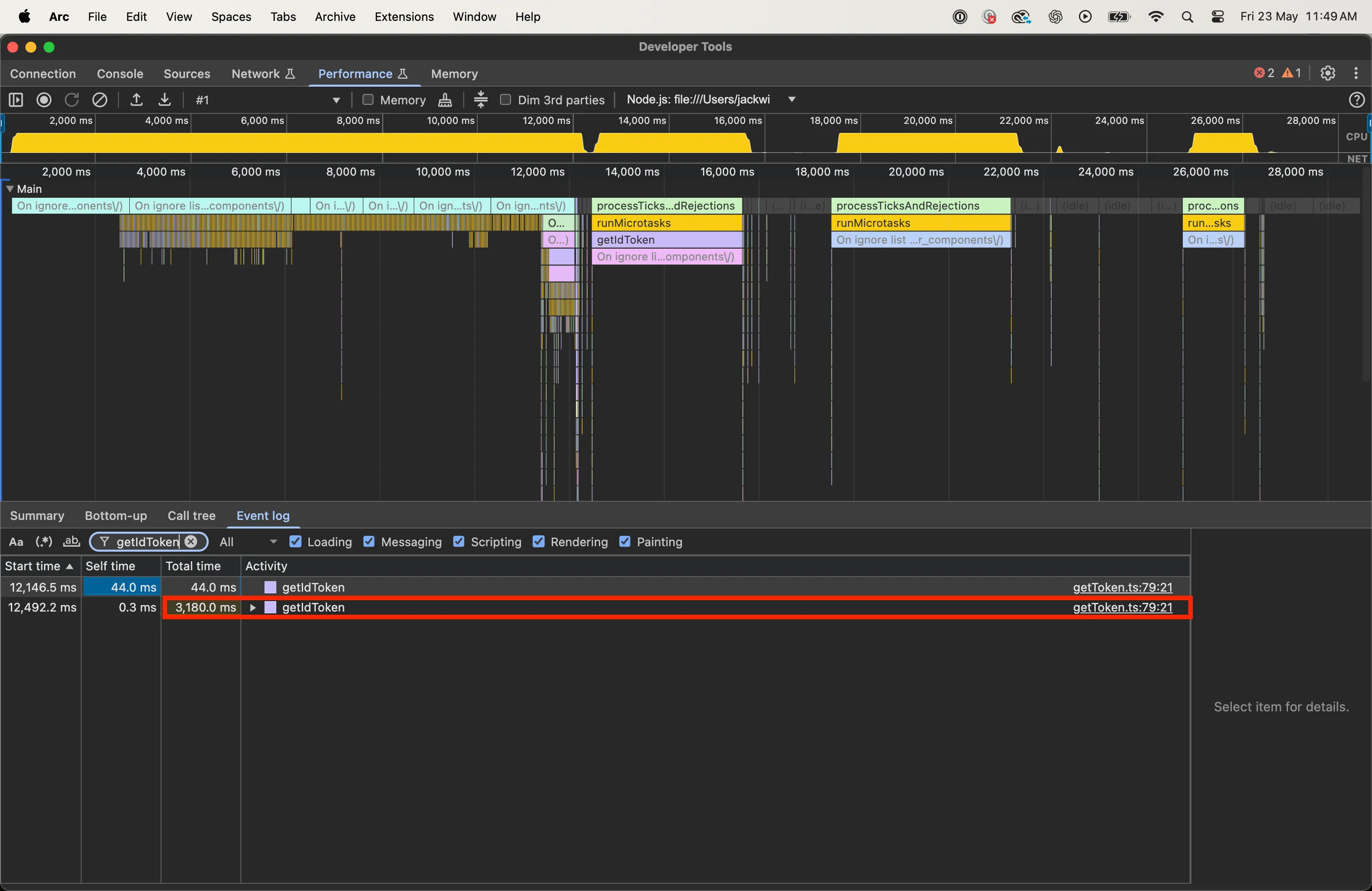 Chrome DevTools profile view showing multiple getIdToken calls with performance impact
