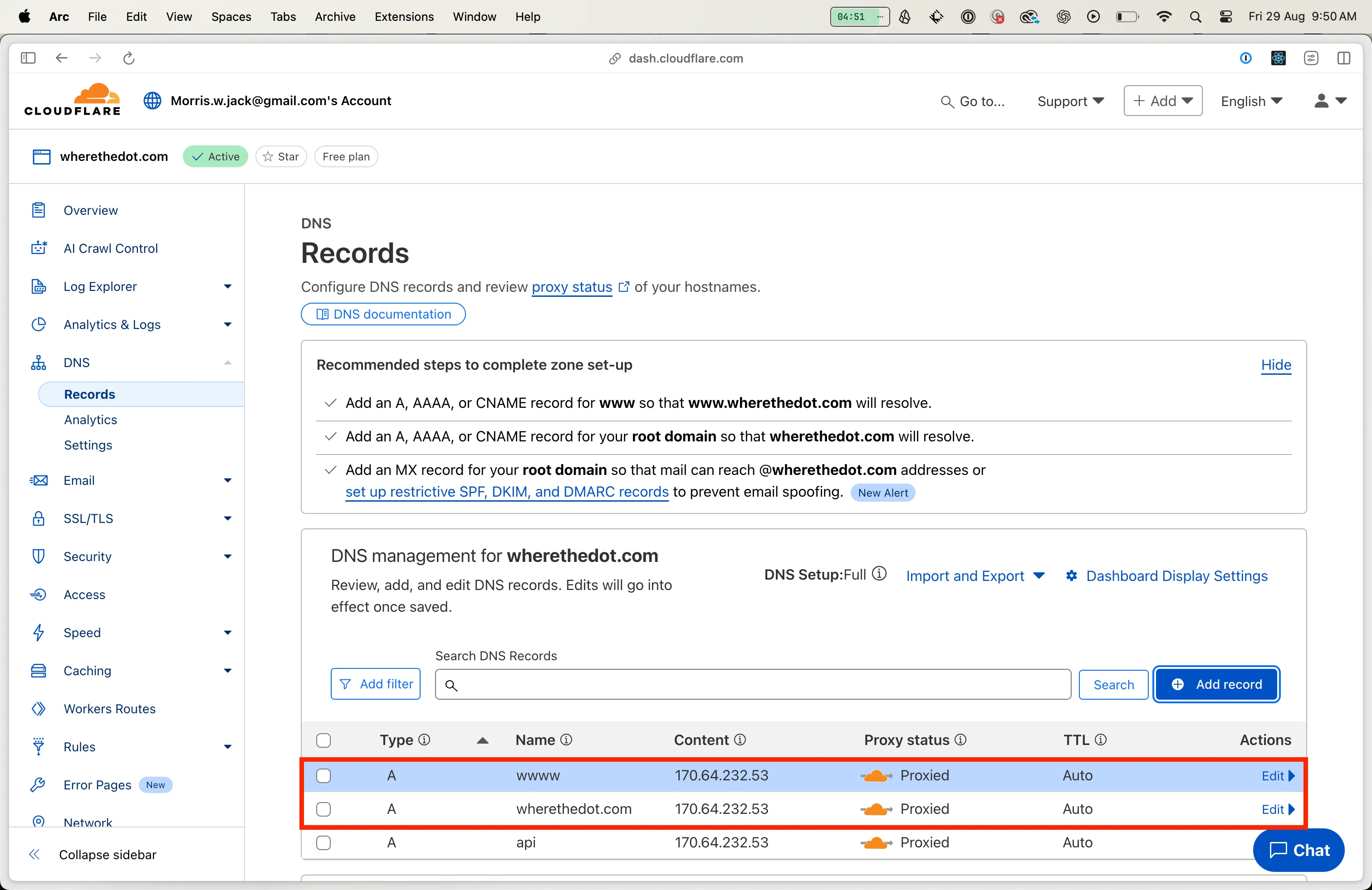 The A Name DNS records I set up in Cloudflare