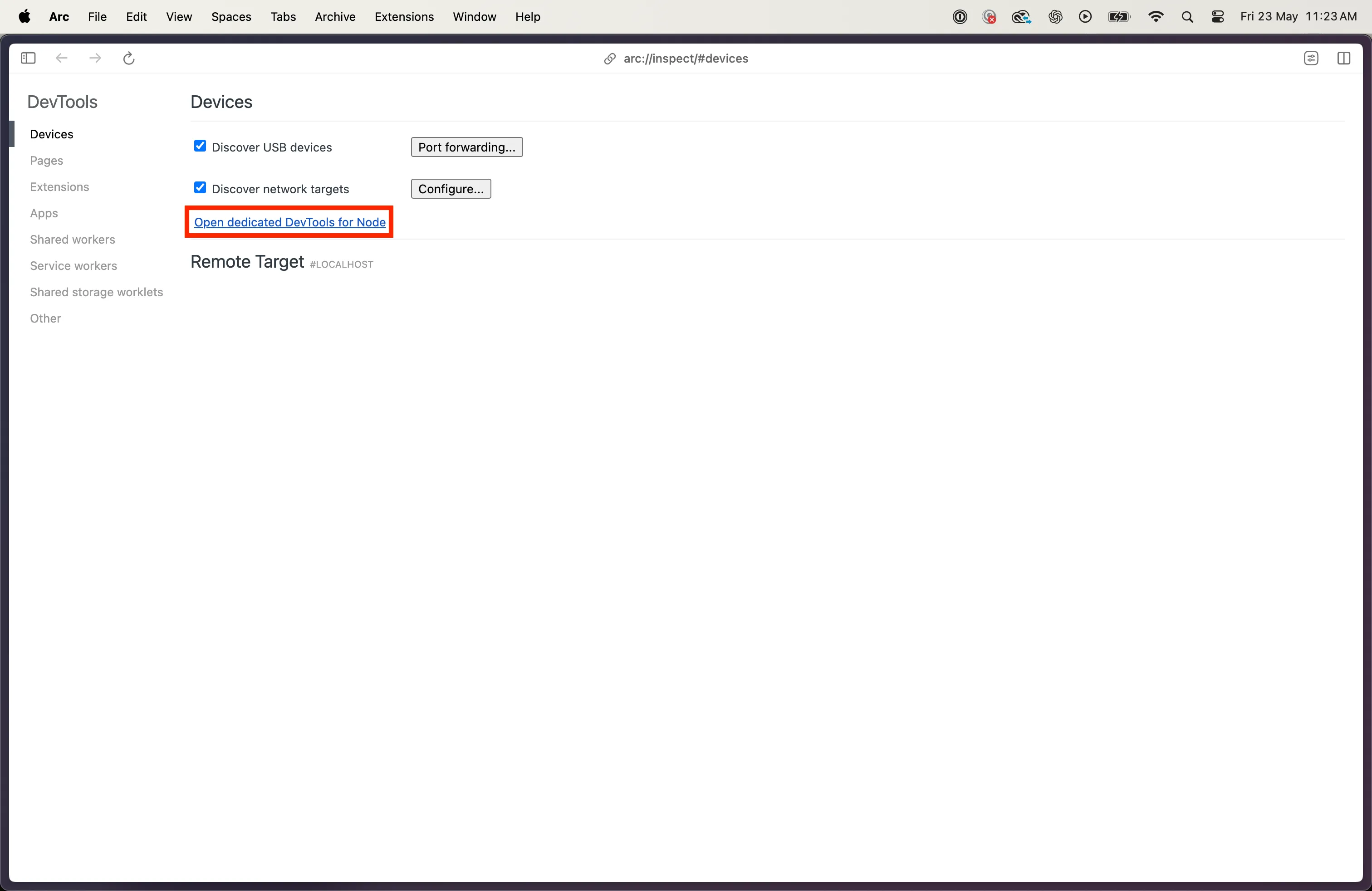 Chrome DevTools inspect page showing Node.js debugging interface