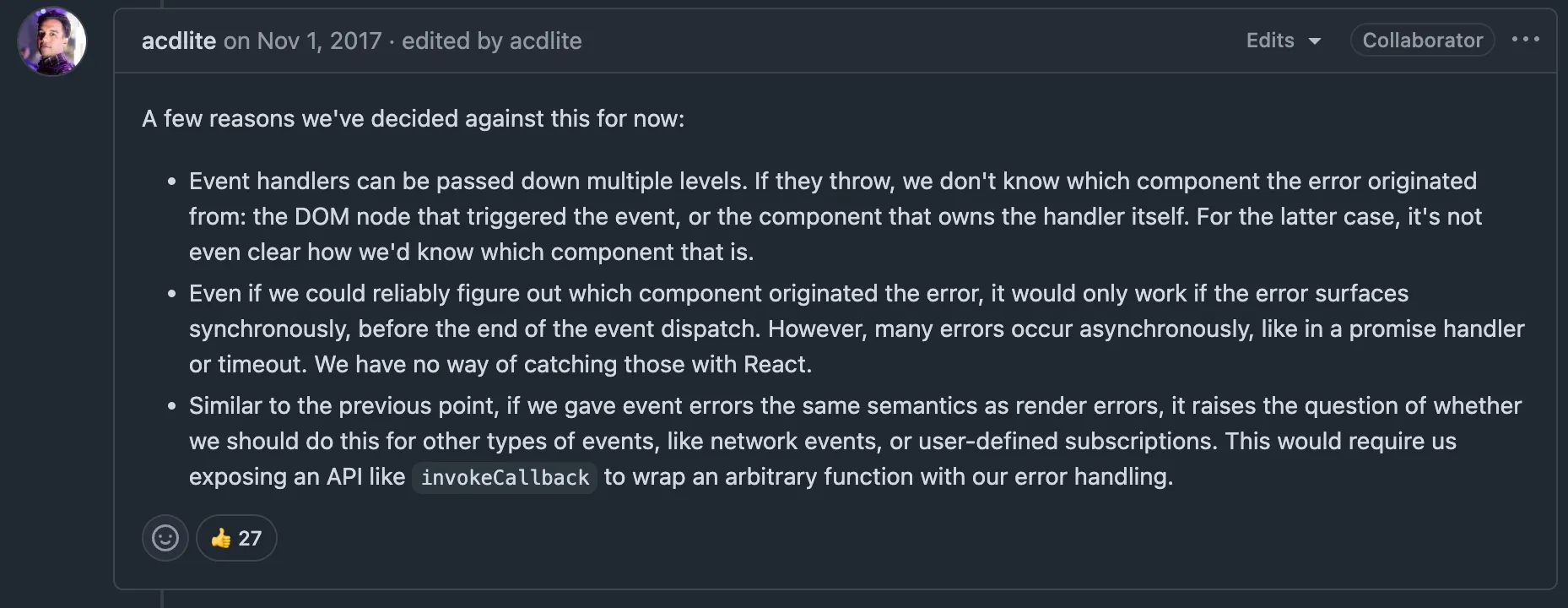 Design decision explanation from React team