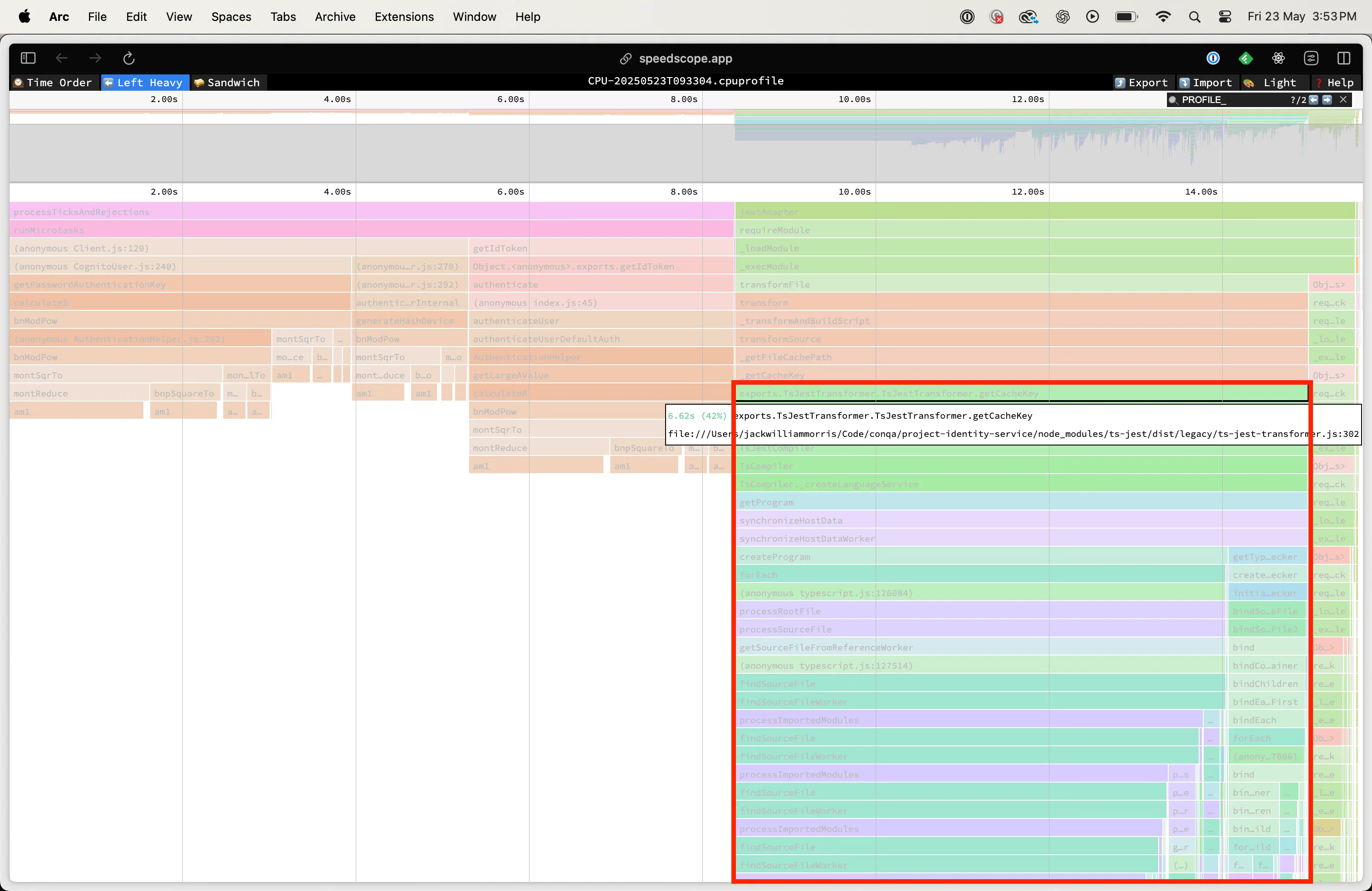 Speedscope showing TypeScript compiler's impact on Jest test performance
