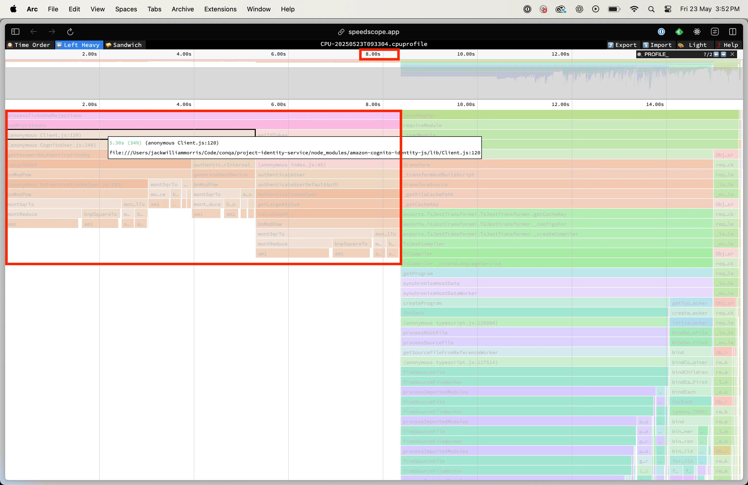 Speedscope Left Heavy view showing amazon-cognito-identity-js contributing heavily to execution time