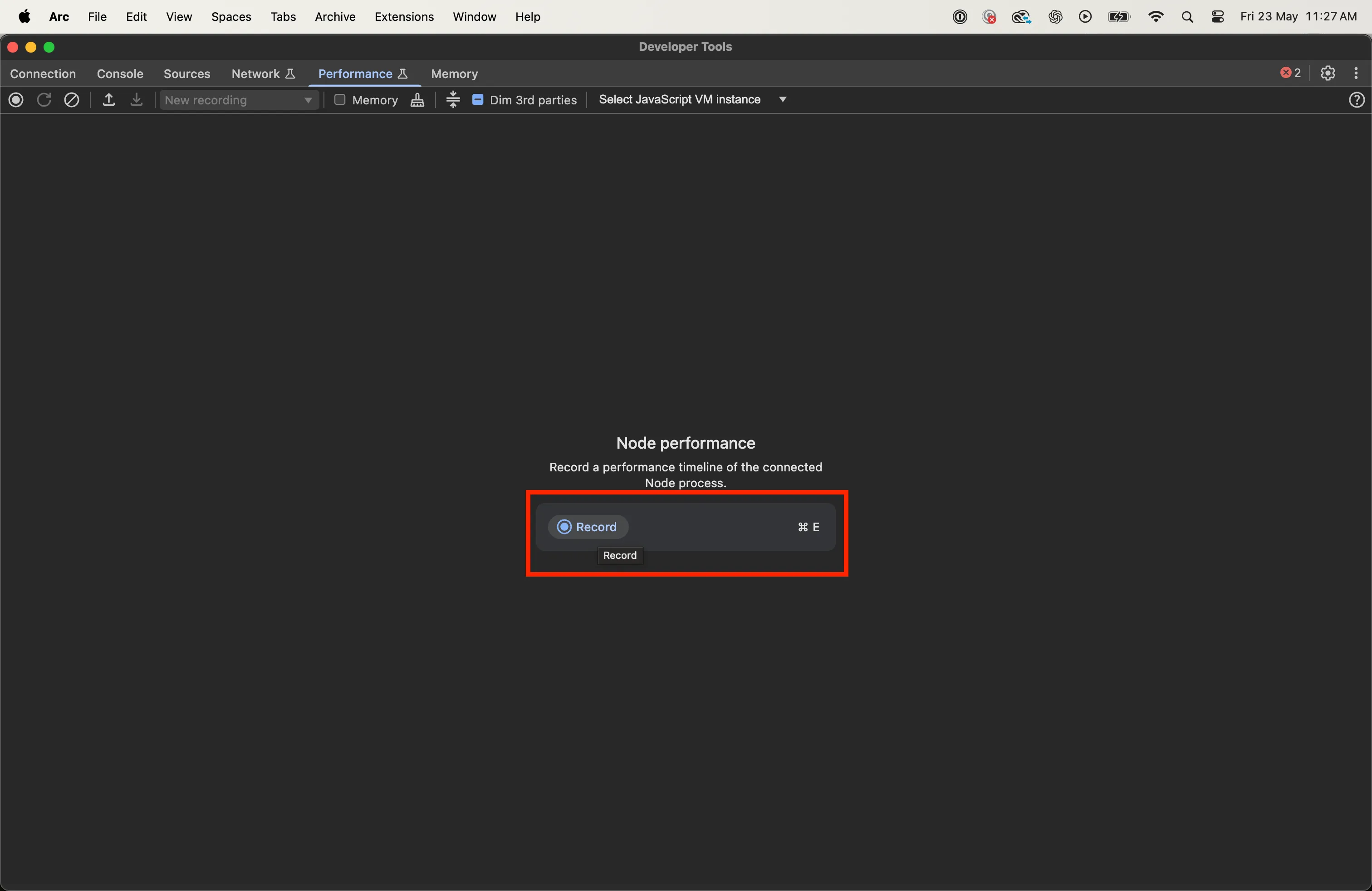 Node DevTools profiler interface showing the start profiling button